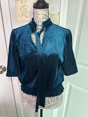 Velvet Teal Tie-Neck Blouse